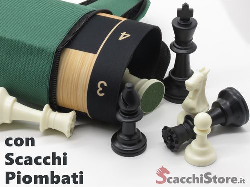 Set completo da torneo con Scacchiera avvolgibile similegno Ebano + Scacchi piombati + Borsa